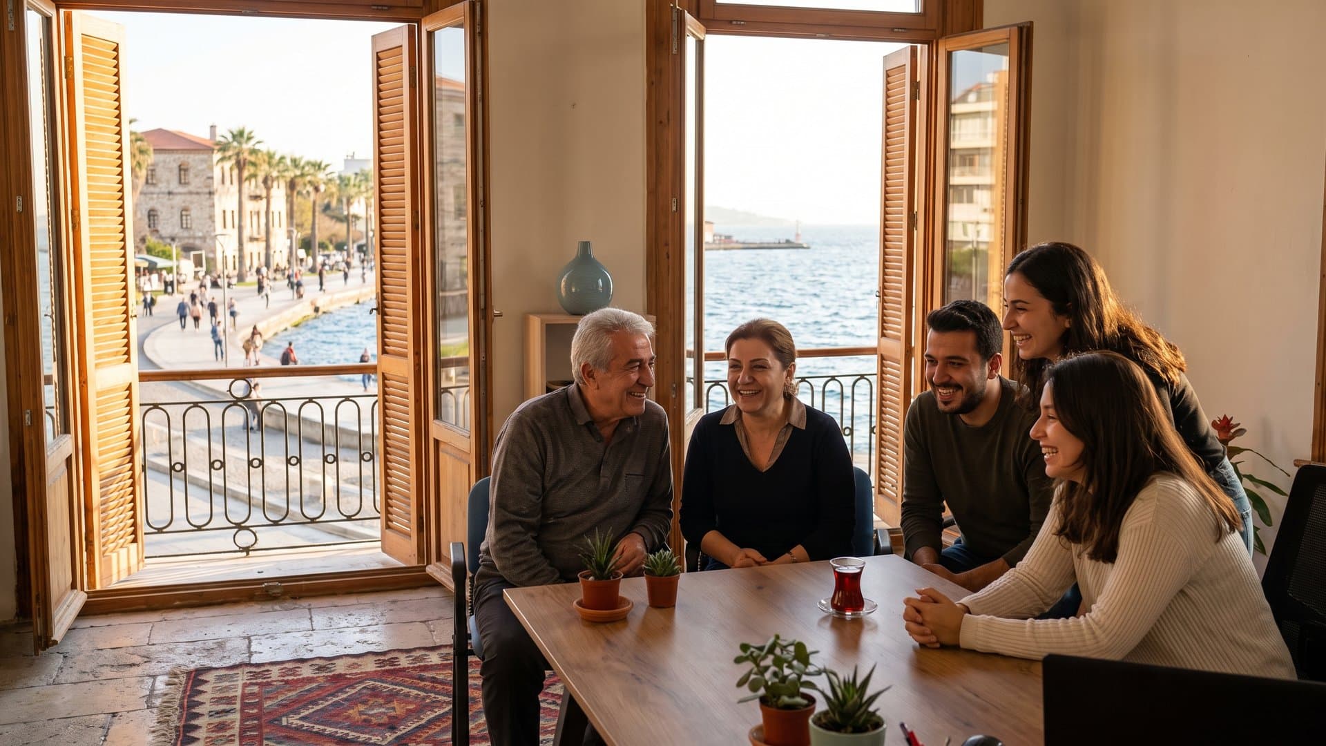Farklı yaşlardan küçük, samimi bir ekip aydınlık ofiste birlikte gülüyor