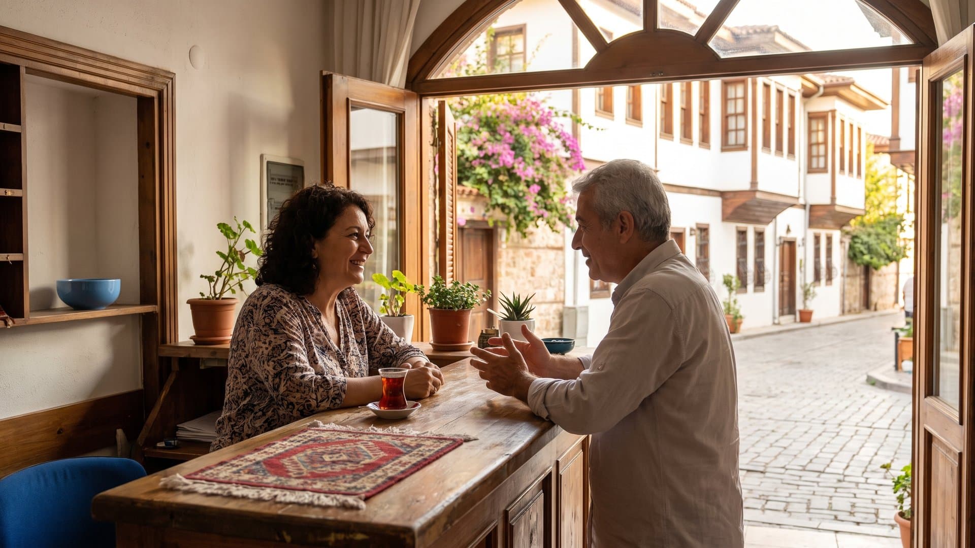 Resepsiyonist gülümseyerek bir misafirin sorusunu yanıtlıyor