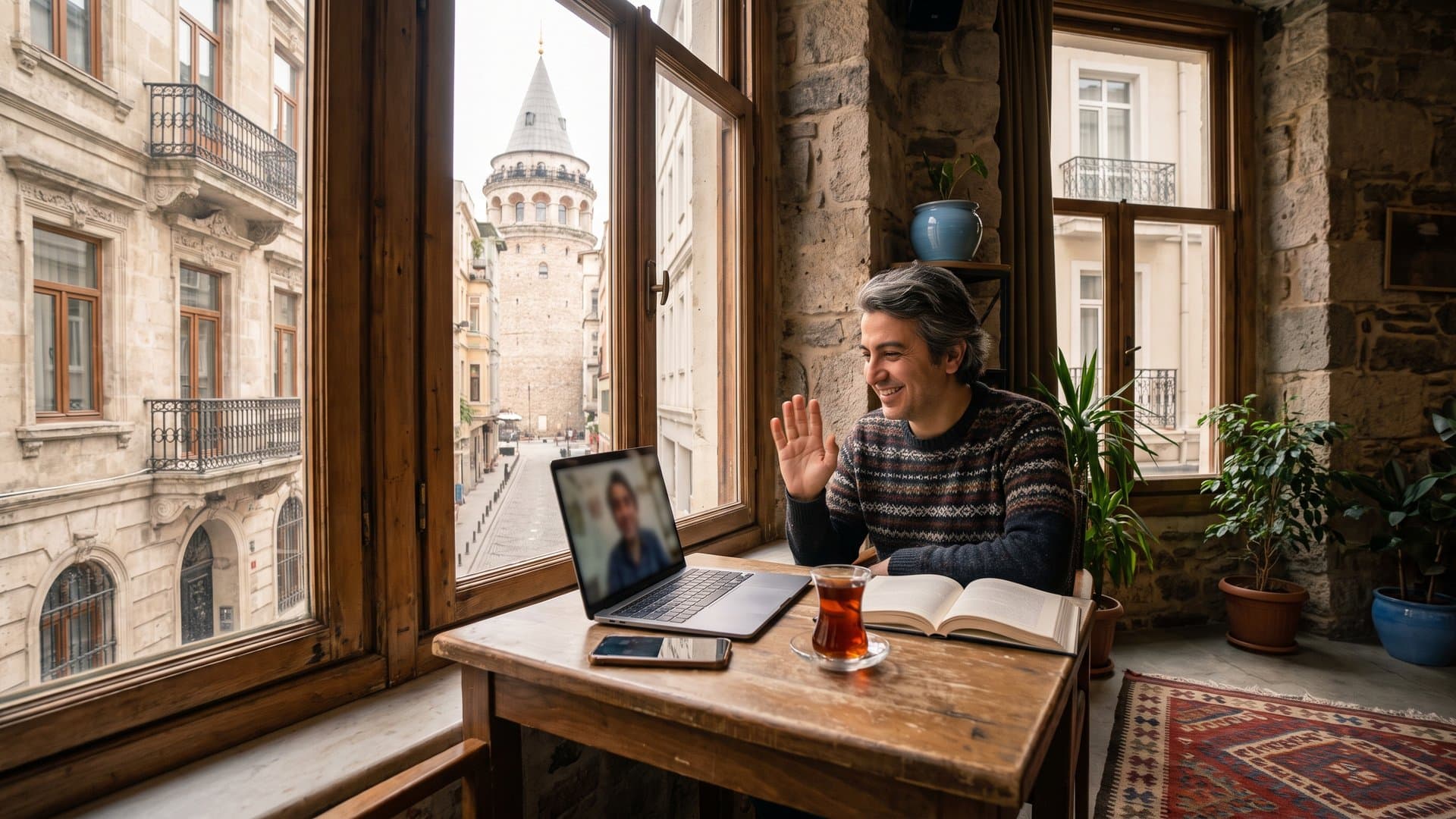 Pencere kenarında dizüstü bilgisayar, telefon ve ince belli çay bardağı