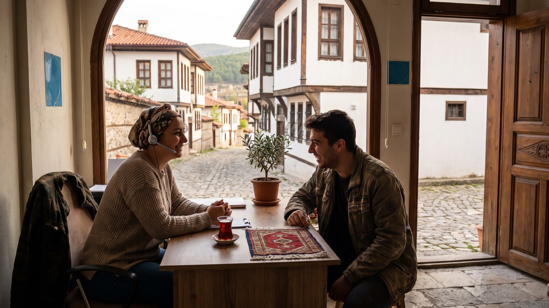 Kulaklıklı destek çalışanı gülümseyerek bir müşteriye yardım ediyor