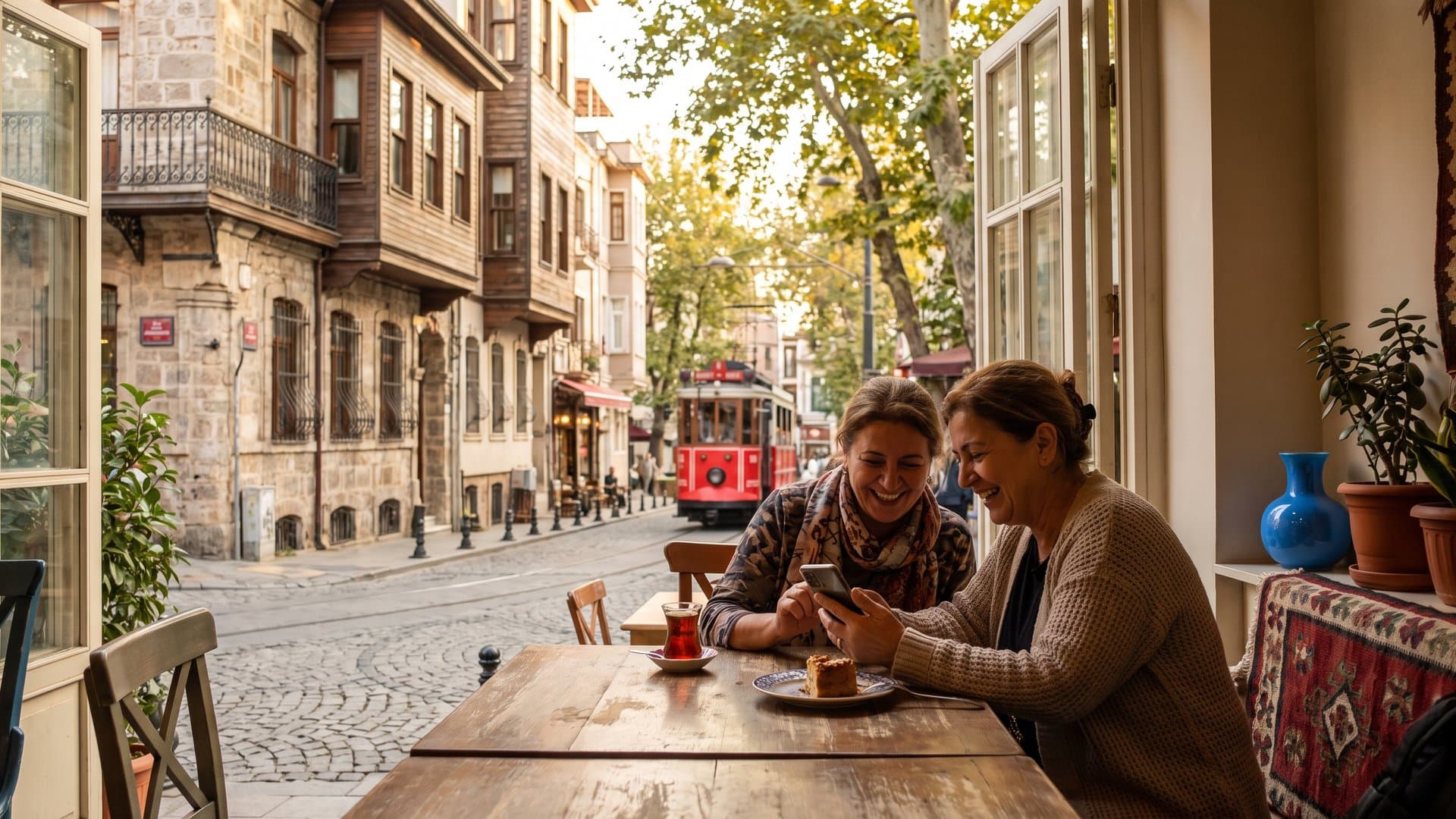 İşletme sahibi iki arkadaş kafe terasında çay içerek sohbet ediyor